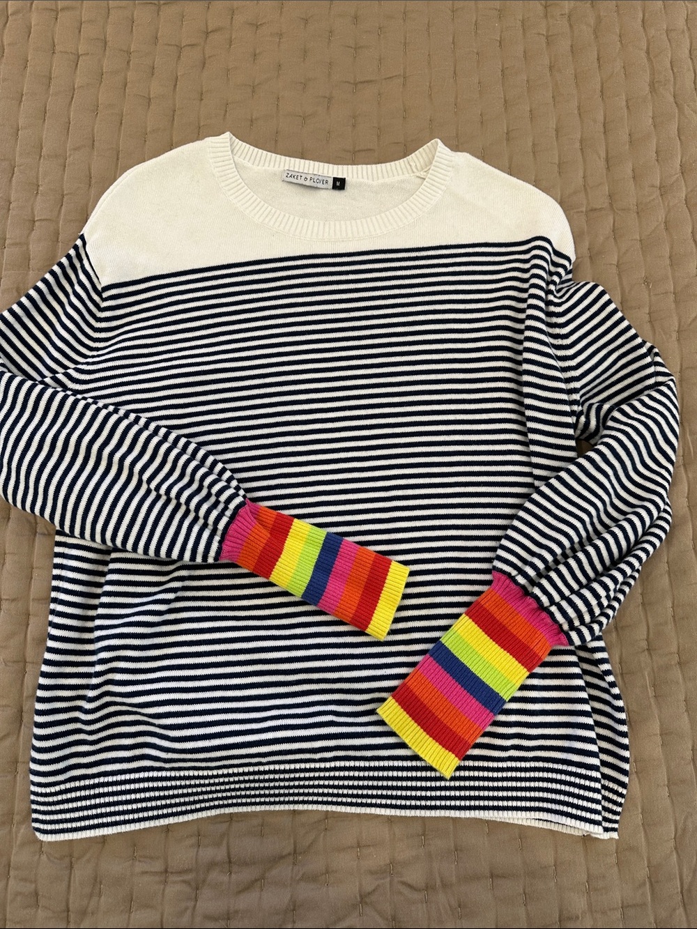 Striped Navy & White Crewneck Sweater with Rainbow Cuffs